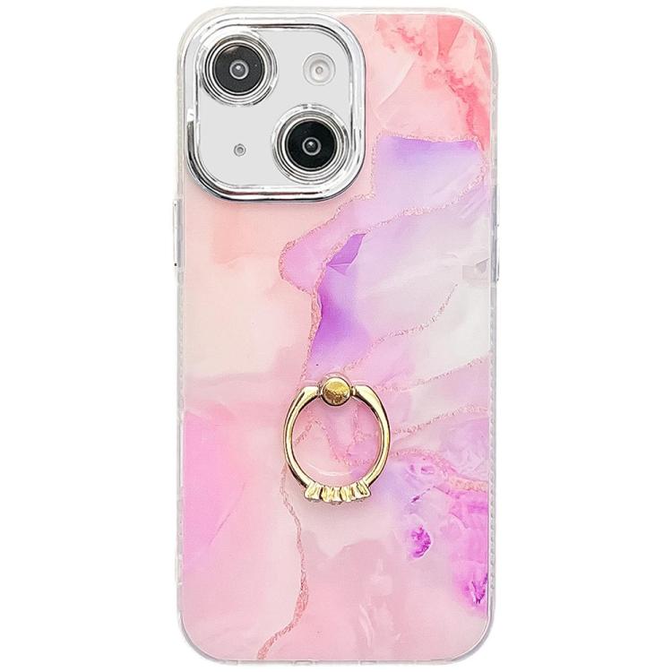 

For iPhone 15 Electroplated Marble Texture Ring Holder Phone Case(Pink Purple S4)