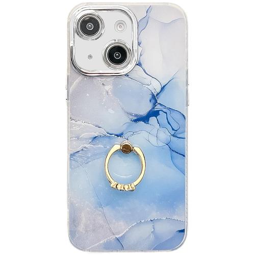 

For iPhone 15 Electroplated Marble Texture Ring Holder Phone Case(Blue S11)