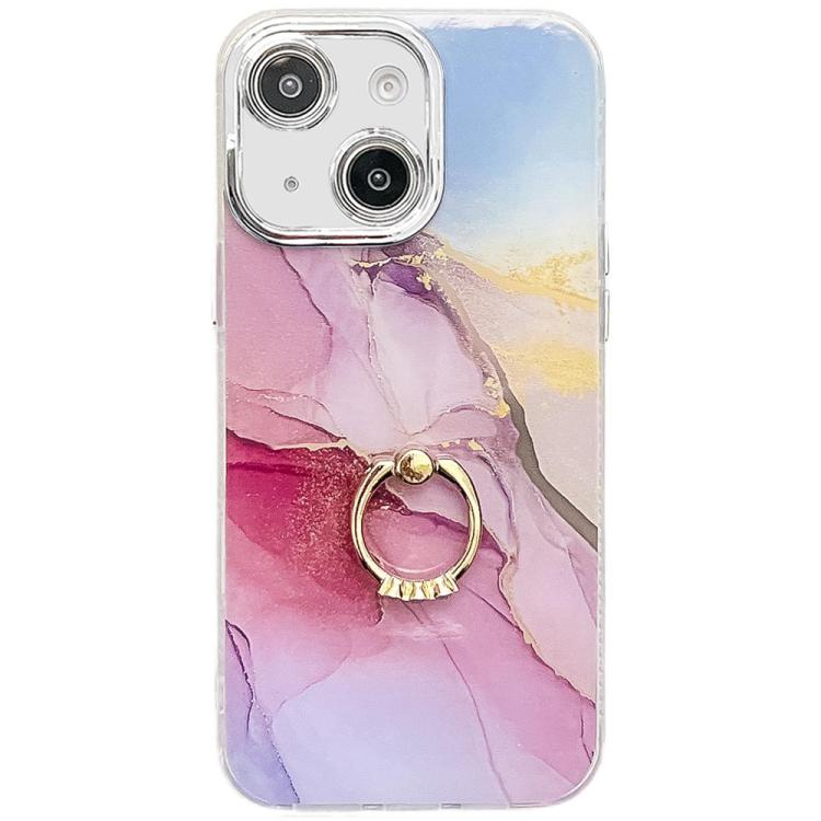 

For iPhone 15 Electroplated Marble Texture Ring Holder Phone Case(Gold Pink Red S12)
