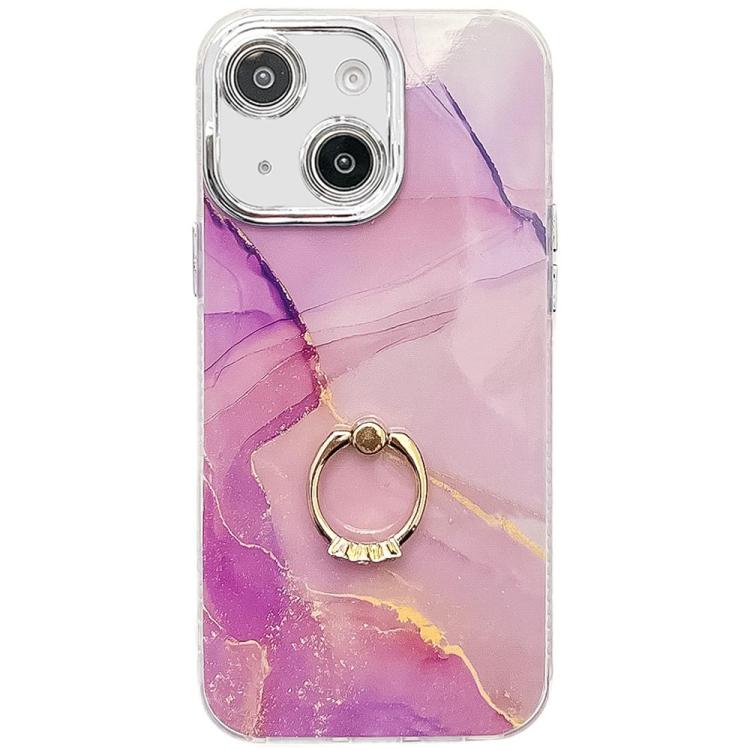 

For iPhone 15 Electroplated Marble Texture Ring Holder Phone Case(Gold Purple Red S15)