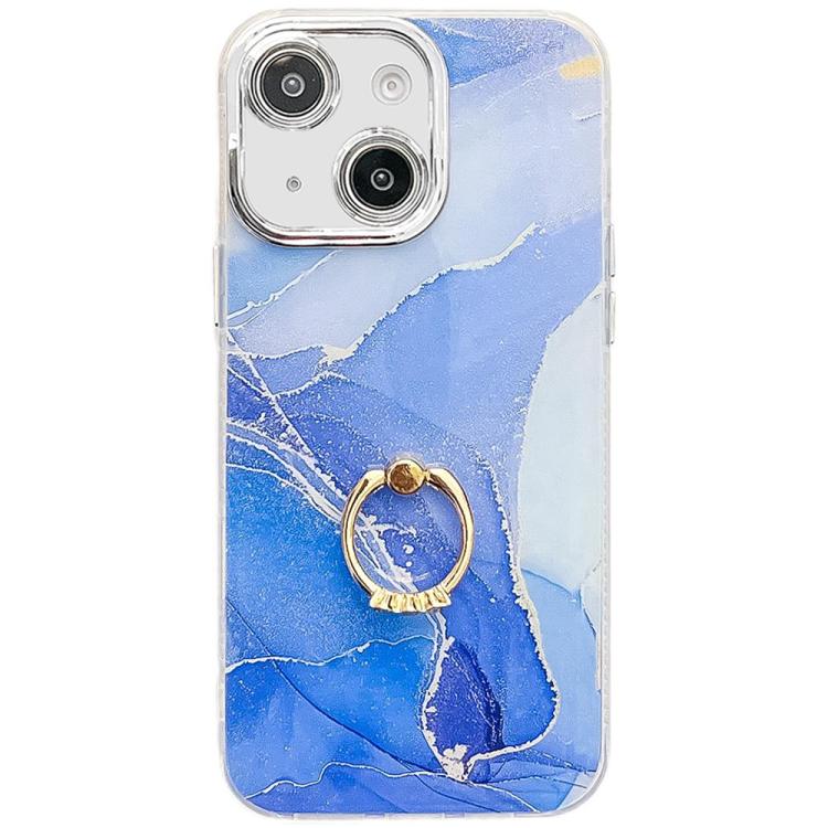 

For iPhone 15 Electroplated Marble Texture Ring Holder Phone Case(Dark Blue S16)