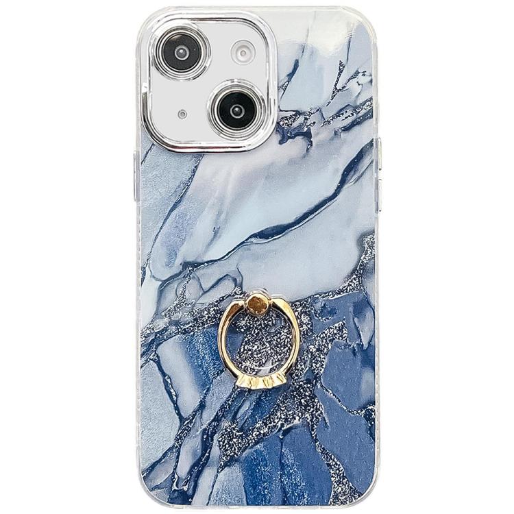 

For iPhone 15 Electroplated Marble Texture Ring Holder Phone Case(Navy Blue S17)