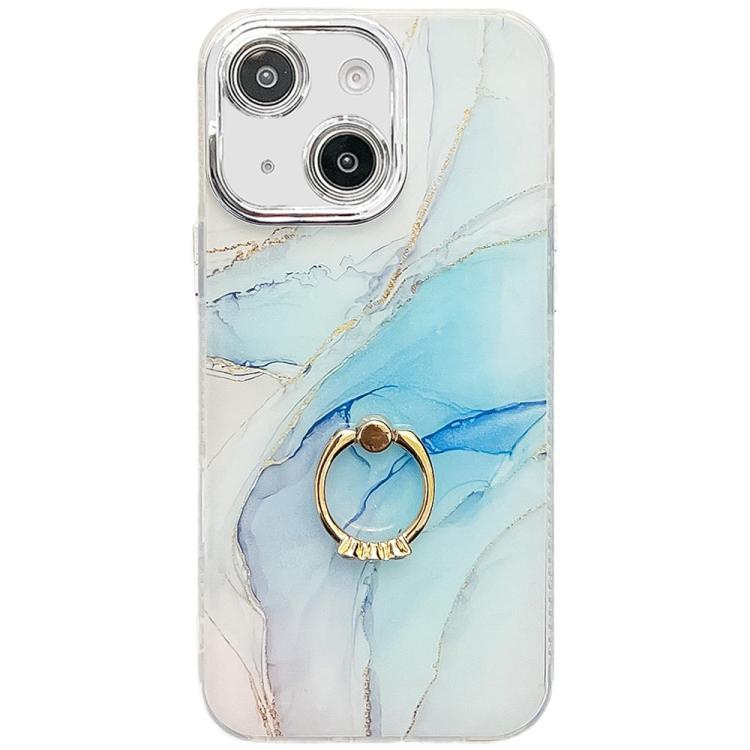 

For iPhone 14 Electroplated Marble Texture Ring Holder Phone Case(Light Blue S5)