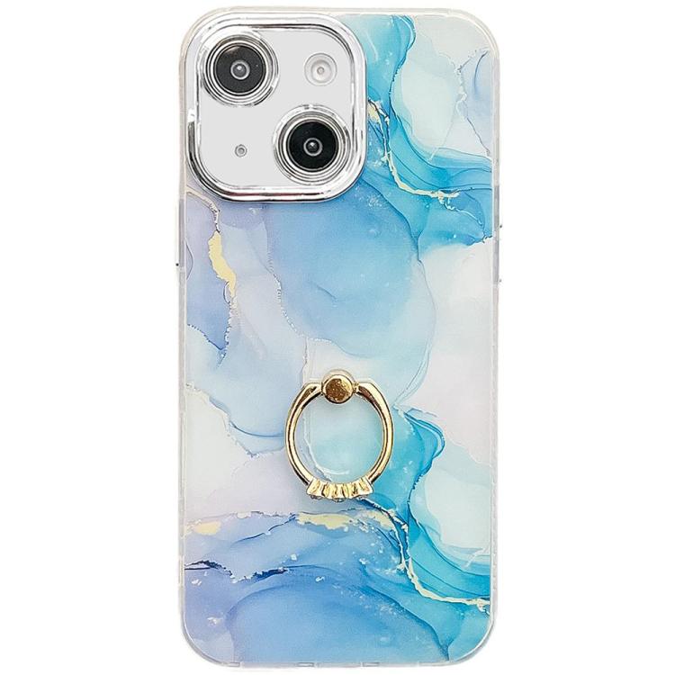 

For iPhone 14 Electroplated Marble Texture Ring Holder Phone Case(Blue Green S9)