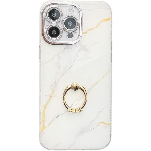 

For iPhone 14 Pro Electroplated Marble Texture Ring Holder Phone Case(Gold White S1)