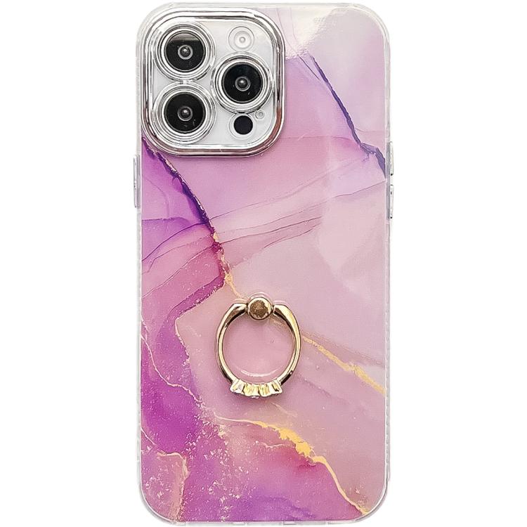 

For iPhone 14 Pro Electroplated Marble Texture Ring Holder Phone Case(Gold Purple Red S15)