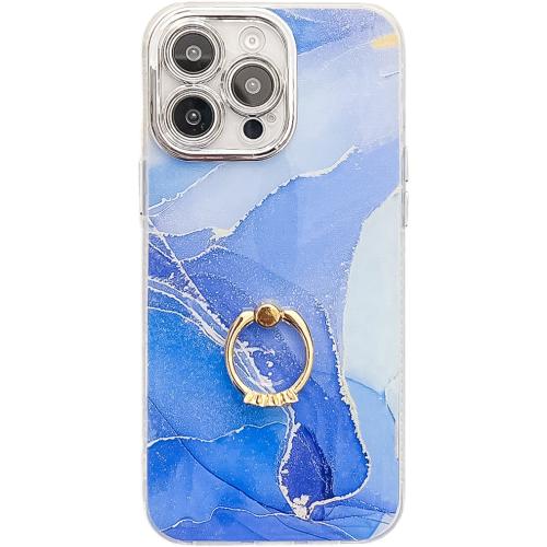 

For iPhone 14 Pro Electroplated Marble Texture Ring Holder Phone Case(Dark Blue S16)