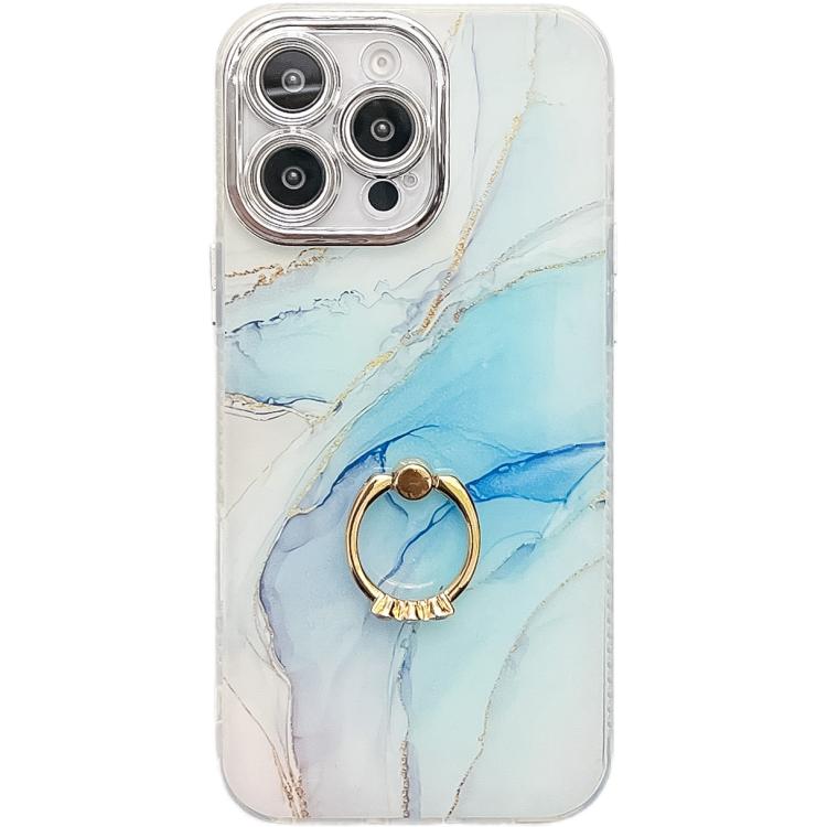 

For iPhone 14 Pro Max Electroplated Marble Texture Ring Holder Phone Case(Light Blue S5)