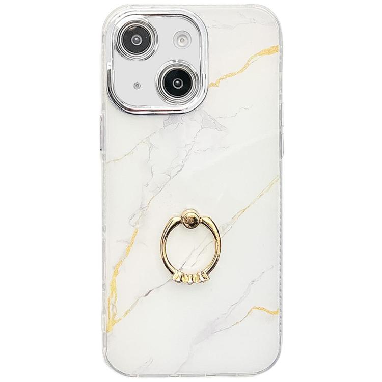 

For iPhone 13 Electroplated Marble Texture Ring Holder Phone Case(Gold White S1)