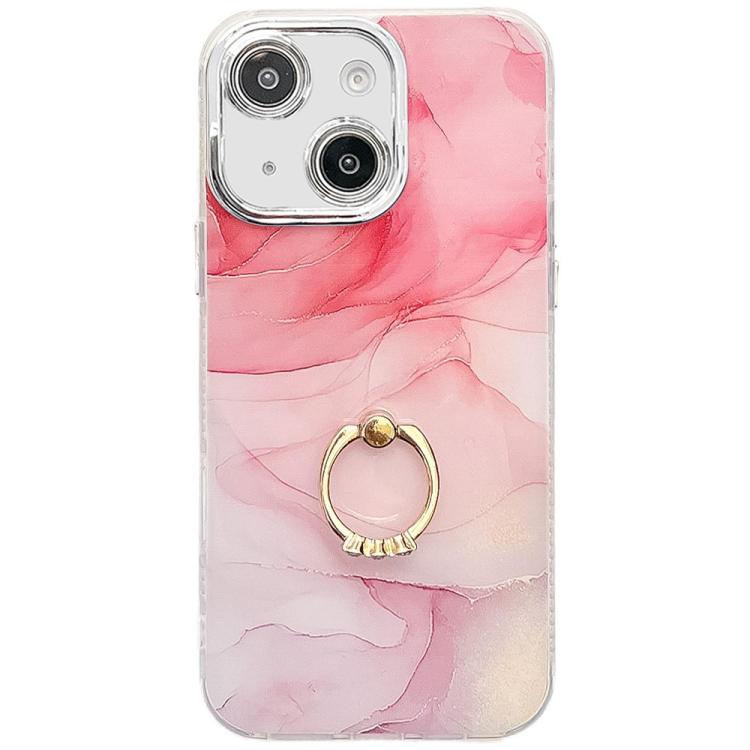 

For iPhone 13 Electroplated Marble Texture Ring Holder Phone Case(Pink S2)