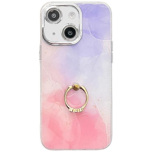 

For iPhone 13 Electroplated Marble Texture Ring Holder Phone Case(Purple Pink S14)