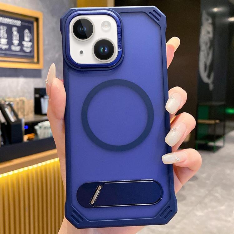 

For iPhone 15 Skin Feel Frameless MagSafe PC Phone Case with Fold Holder(Blue)