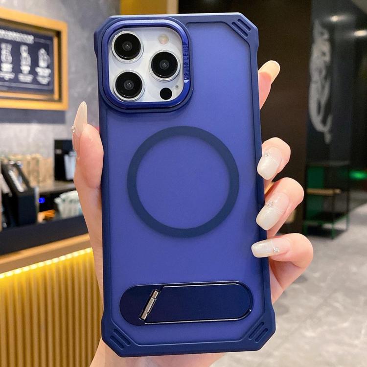 

For iPhone 15 Pro Skin Feel Frameless MagSafe PC Phone Case with Fold Holder(Blue)