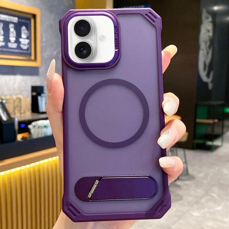 

For iPhone 16 Plus Skin Feel Frameless MagSafe PC Phone Case with Fold Holder(Purple)