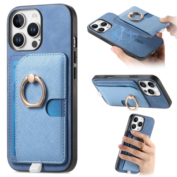 

For iPhone 16 Pro Retro Cross Leather Ring Side Insert Card Bag MagSafe Phone Case(Blue)