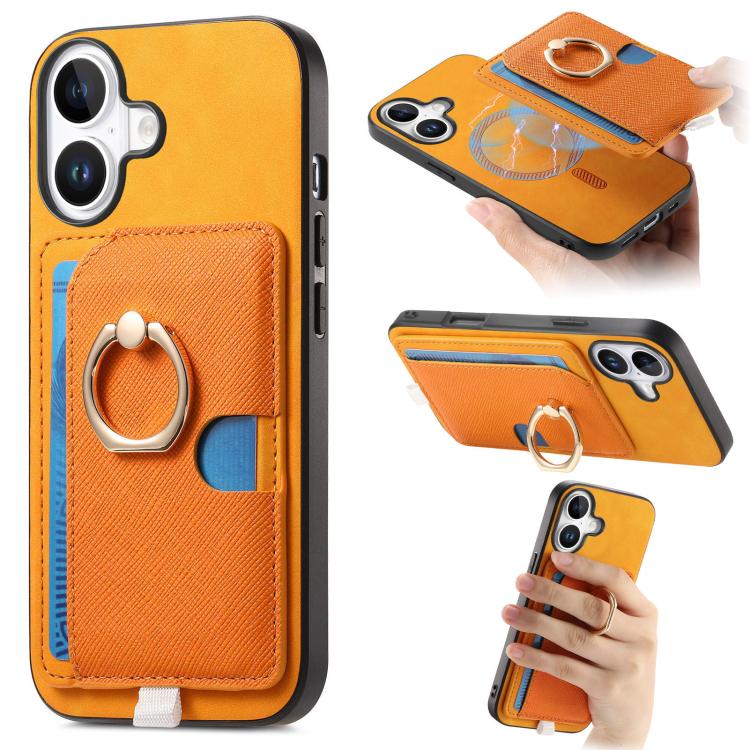 

For iPhone 16 Plus Retro Cross Leather Ring Side Insert Card Bag MagSafe Phone Case(Yellow)