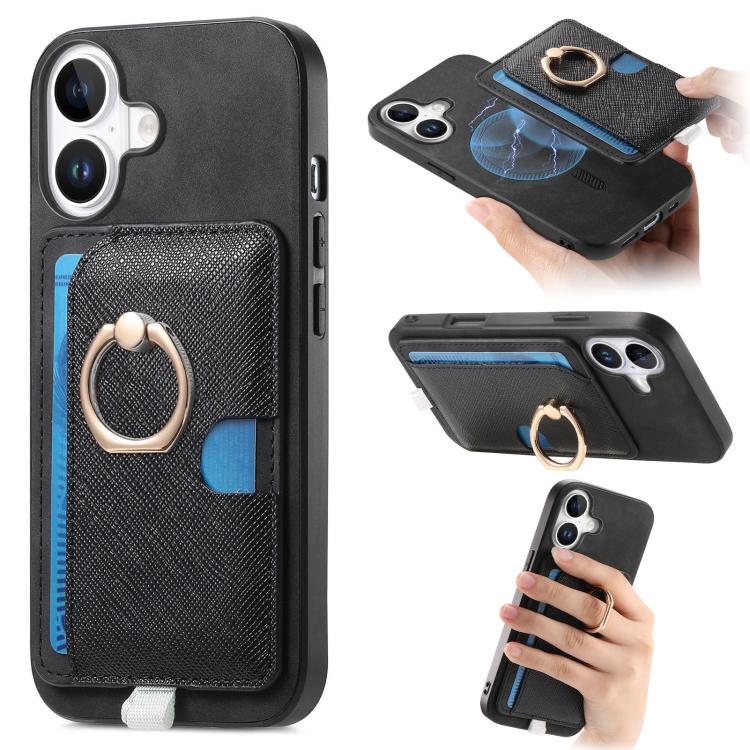 

For iPhone 16 Retro Cross Leather Ring Side Insert Card Bag MagSafe Phone Case(Black)