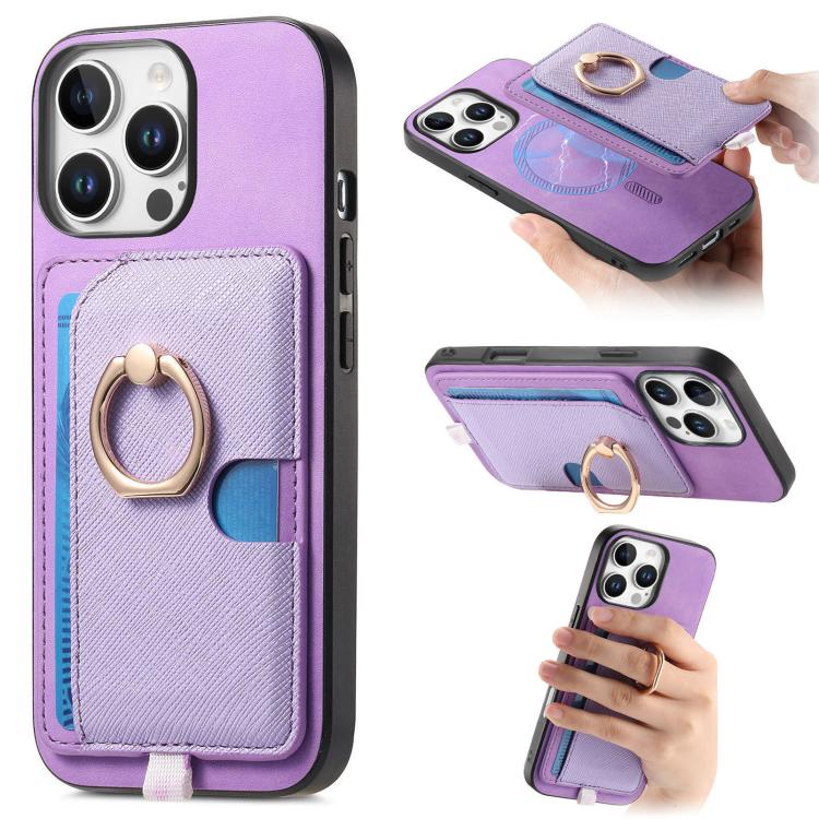 

For iPhone 15 Pro max Retro Cross Leather Ring Side Insert Card Bag MagSafe Phone Case(Purple)
