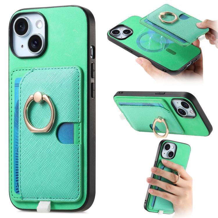 

For iPhone 15 Plus Retro Cross Leather Ring Side Insert Card Bag MagSafe Phone Case(Green)