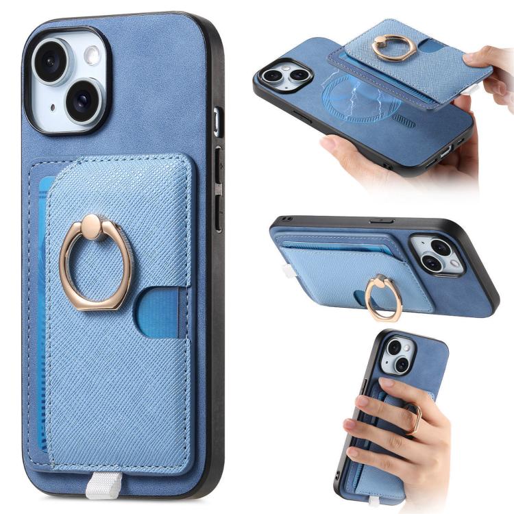 

For iPhone 15 Retro Cross Leather Ring Side Insert Card Bag MagSafe Phone Case(Blue)