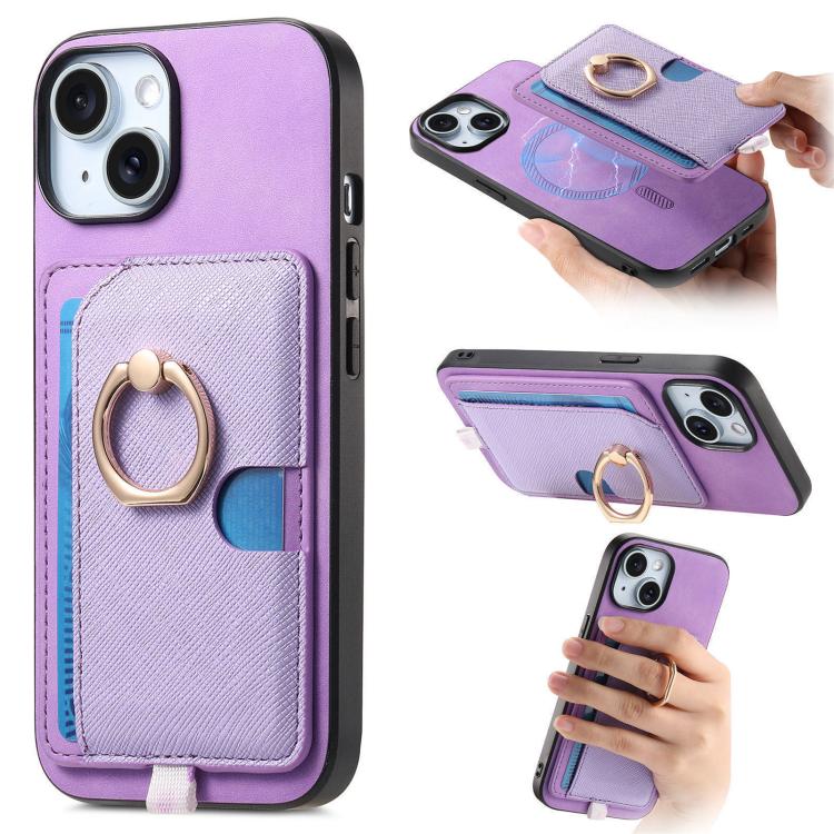 

For iPhone 15 Retro Cross Leather Ring Side Insert Card Bag MagSafe Phone Case(Purple)