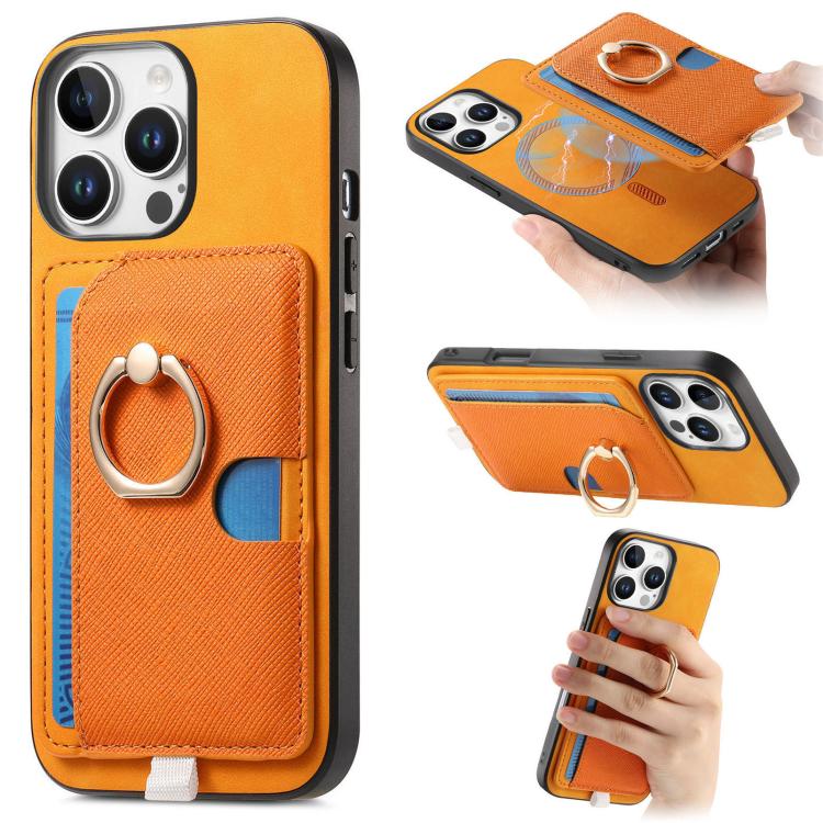 

For iPhone 14 Plus Retro Cross Leather Ring Side Insert Card Bag MagSafe Phone Case(Yellow)