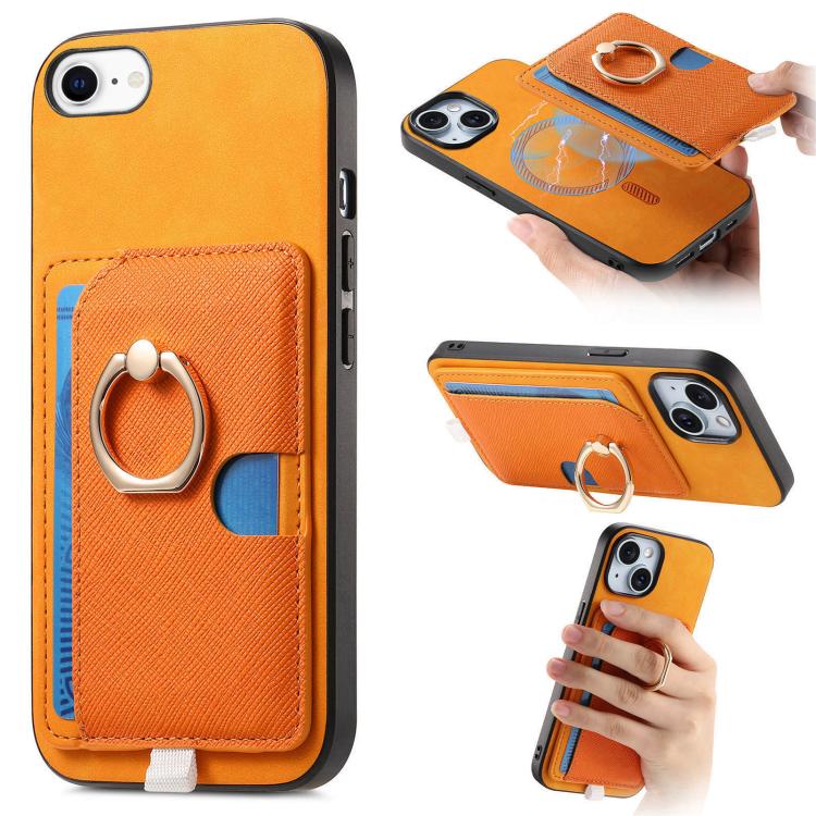 

For iPhone 7 / 8 / SE 2022 Retro Cross Leather Ring Side Insert Card Bag MagSafe Phone Case(Yellow)