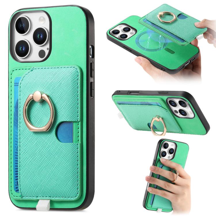 

For iPhone 13 Pro Max Retro Cross Leather Ring Side Insert Card Bag MagSafe Phone Case(Green)
