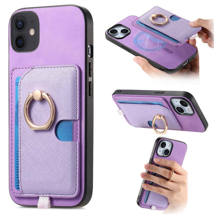 

For iPhone 13 Retro Cross Leather Ring Side Insert Card Bag MagSafe Phone Case(Purple)