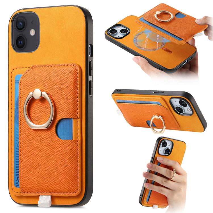 

For iPhone 12 / 12 Pro Retro Cross Leather Ring Side Insert Card Bag MagSafe Phone Case(Yellow)