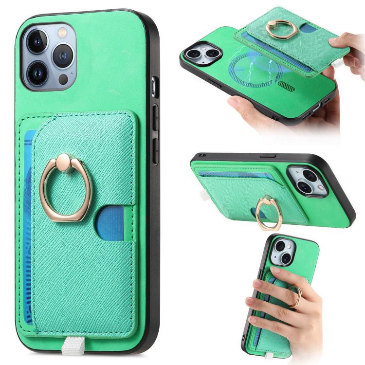 

For iPhone 12 Pro Max Retro Cross Leather Ring Side Insert Card Bag MagSafe Phone Case(Green)