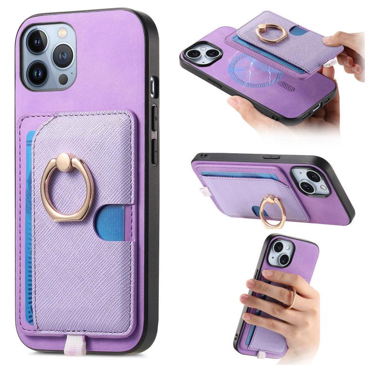 

For iPhone 11 Pro Max Retro Cross Leather Ring Side Insert Card Bag MagSafe Phone Case(Purple)
