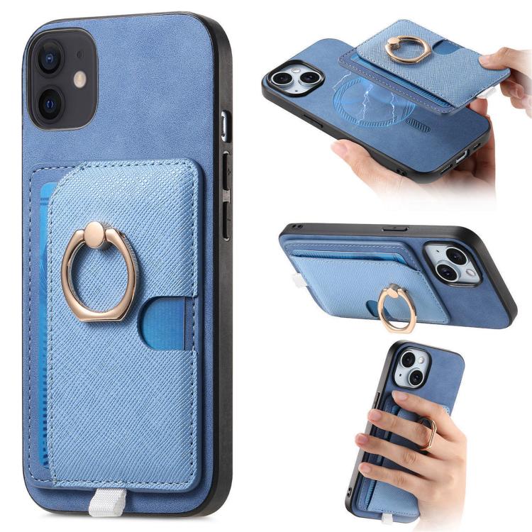 

For iPhone 11 Retro Cross Leather Ring Side Insert Card Bag MagSafe Phone Case(Blue)