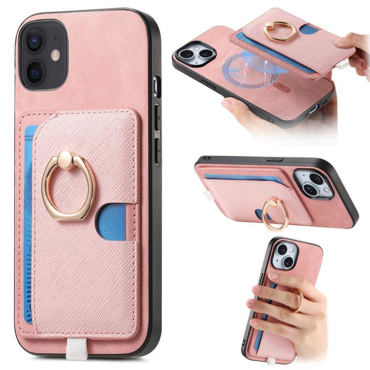 

For iPhone 11 Retro Cross Leather Ring Side Insert Card Bag MagSafe Phone Case(Pink)