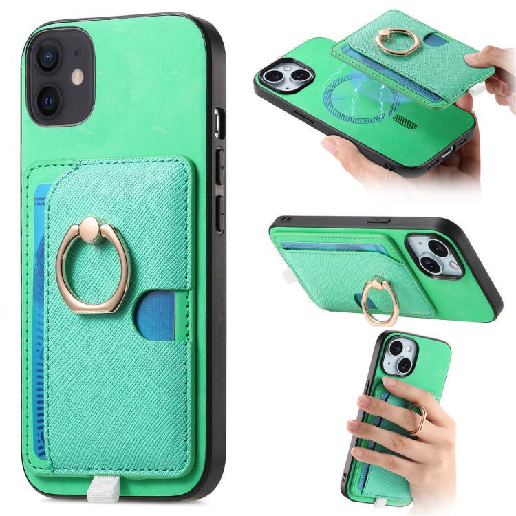 

For iPhone 11 Retro Cross Leather Ring Side Insert Card Bag MagSafe Phone Case(Green)