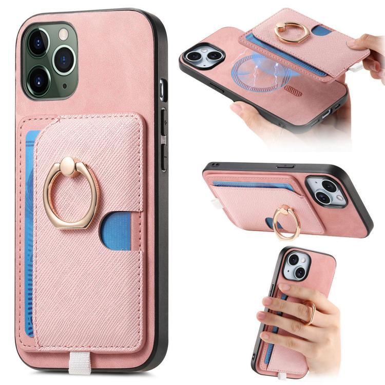 

For iPhone 11 Pro Retro Cross Leather Ring Side Insert Card Bag MagSafe Phone Case(Pink)