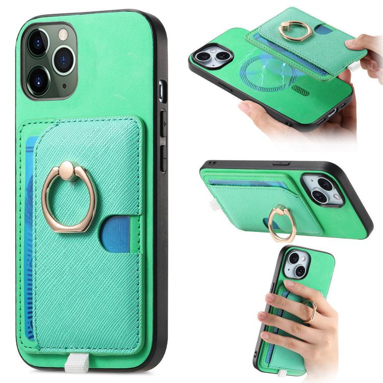 

For iPhone 11 Pro Retro Cross Leather Ring Side Insert Card Bag MagSafe Phone Case(Green)