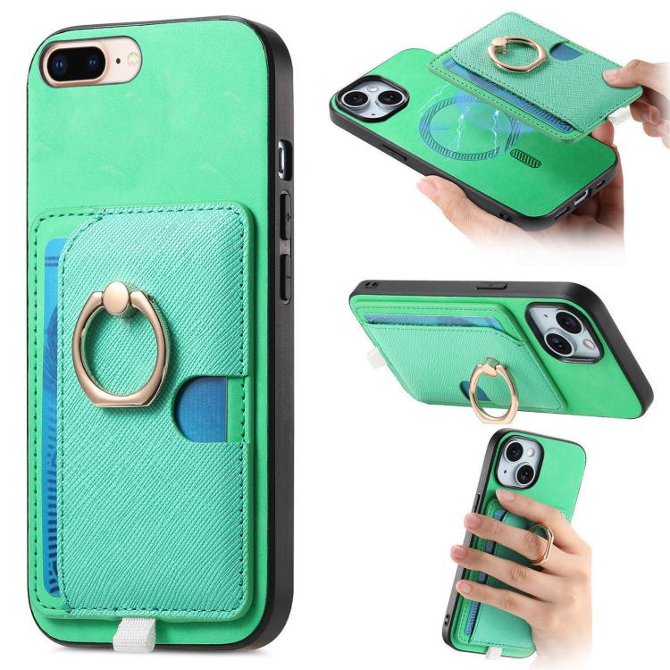 

For iPhone 7 Plus / 8 Plus Retro Cross Leather Ring Side Insert Card Bag MagSafe Phone Case(Green)