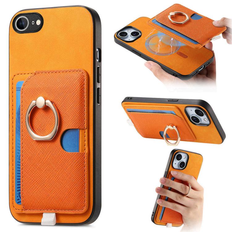 

For iPhone 16e Retro Cross Leather Ring Side Insert Card Bag MagSafe Phone Case(Yellow)
