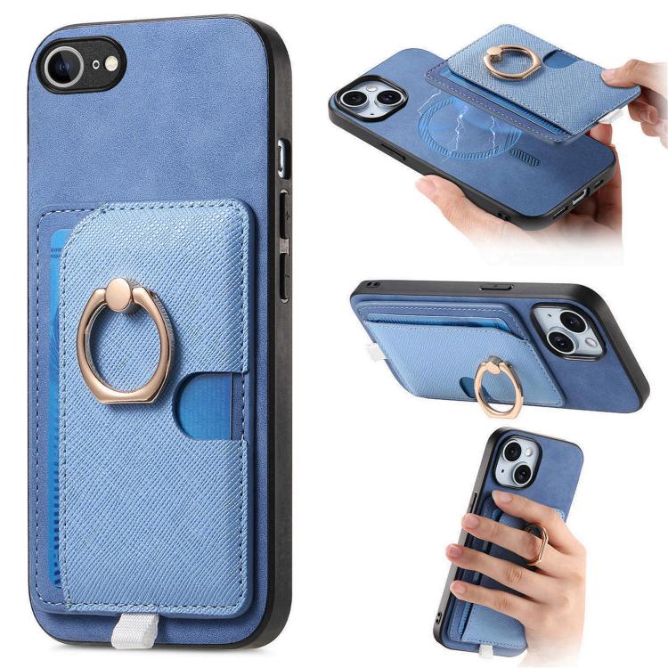 

For iPhone 16e Retro Cross Leather Ring Side Insert Card Bag MagSafe Phone Case(Blue)