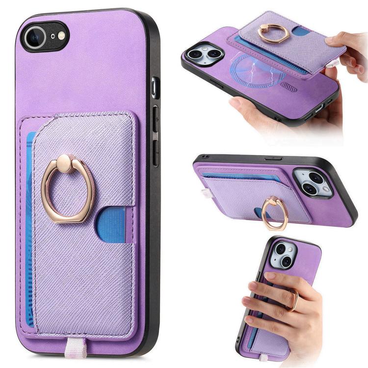 

For iPhone 16e Retro Cross Leather Ring Side Insert Card Bag MagSafe Phone Case(Purple)