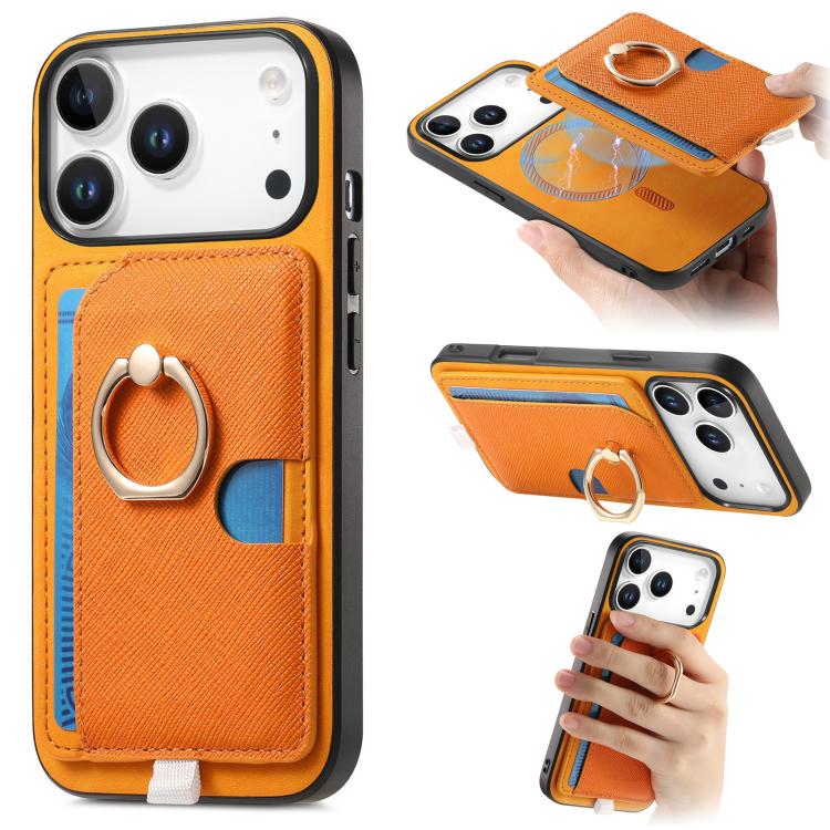 

For iPhone 17 Pro Max Retro Cross Leather Ring Side Insert Card Bag MagSafe Phone Case(Yellow)