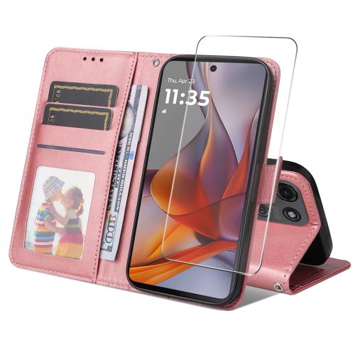 

For Motorola Moto G75 ENKAY Card Wallet Calf Texture Leather Phone Case with Screen Film(Pink)