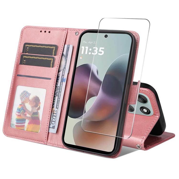 

For Motorola Moto G56 / G66j / G66y 5G ENKAY Card Wallet Calf Texture Leather Phone Case with Screen Film(Pink)