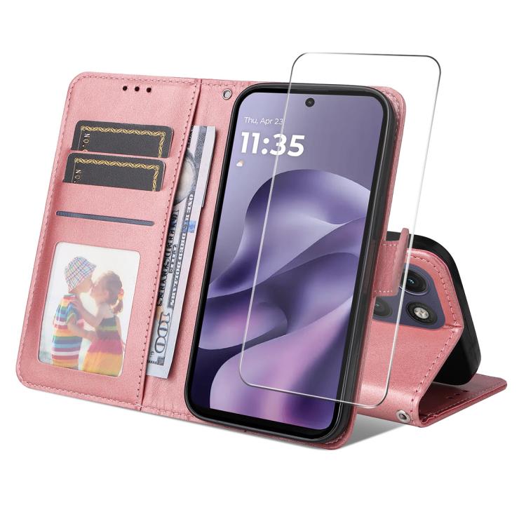 

For Motorola Moto G17 4G / G17 Power 4G ENKAY Card Wallet Calf Texture Leather Phone Case with Screen Film(Pink)