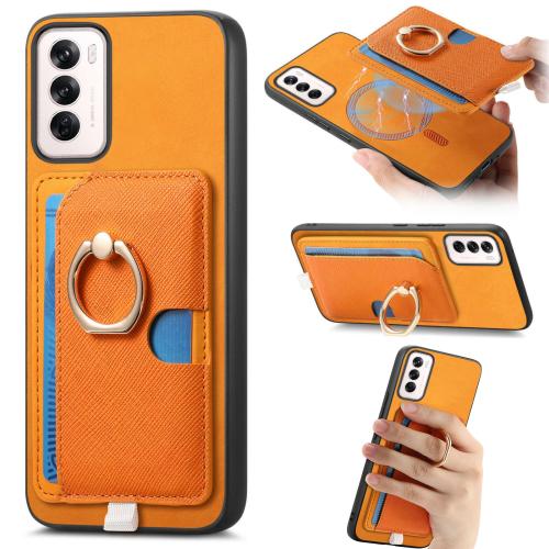 

For OPPO Reno12 Pro Global Retro Cross Leather Ring Side Insert Card Bag MagSafe Phone Case(Yellow)