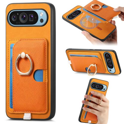 

For Google Pixel 9 Pro XL Retro Cross Leather Ring Side Insert Card Bag MagSafe Phone Case(Yellow)