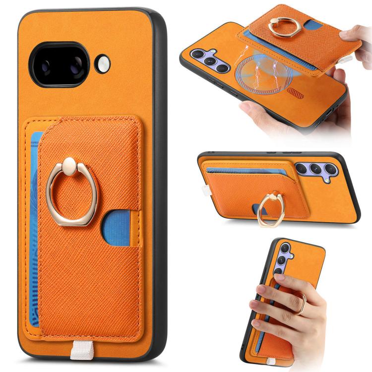 

For Google Pixel 9a Retro Cross Leather Ring Side Insert Card Bag MagSafe Phone Case(Yellow)