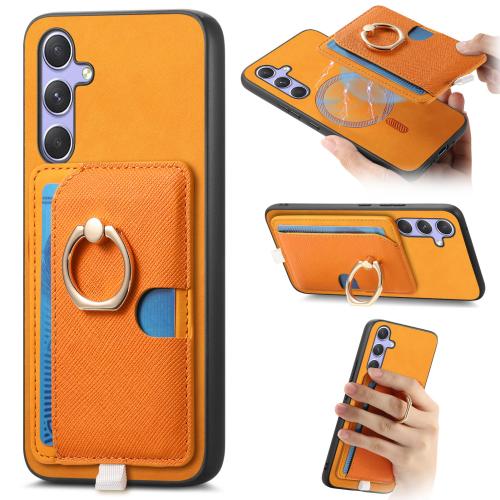 

For Samsung Galaxy S25 5G Retro Cross Leather Ring Side Insert Card Bag MagSafe Phone Case(Yellow)