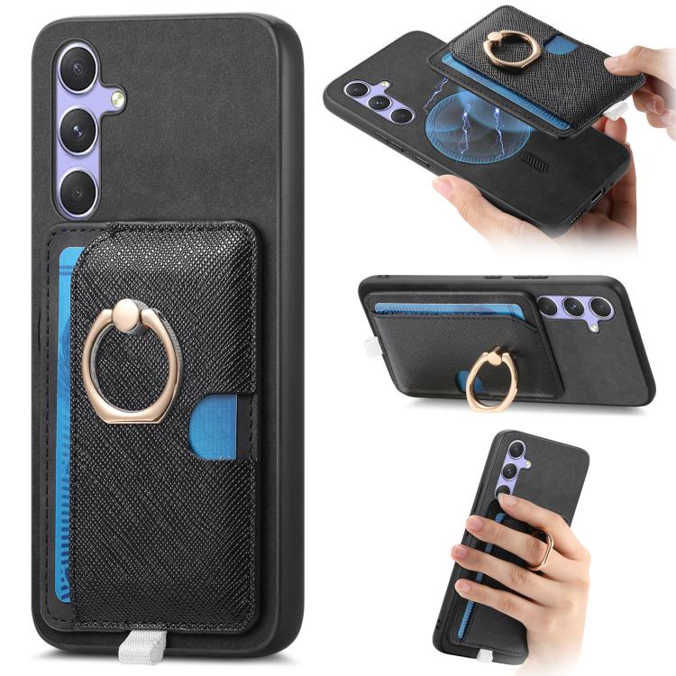 

For Samsung Galaxy S25+ 5G Retro Cross Leather Ring Side Insert Card Bag MagSafe Phone Case(Black)